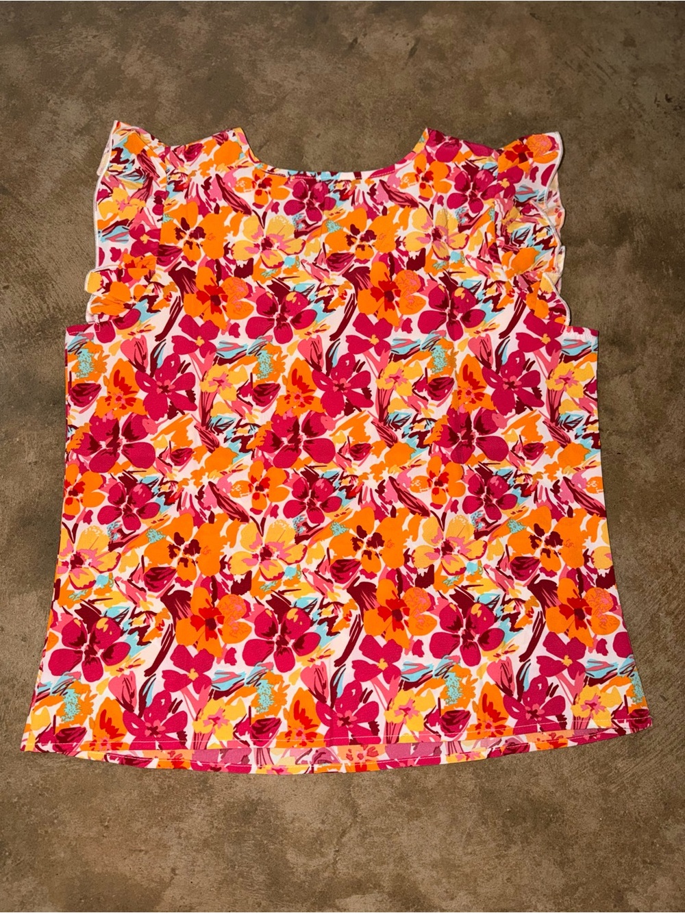 Floral Ruffle Sleeve V-Neck Blouse Pink Orange Tropical Top M - Picture 5 of 7